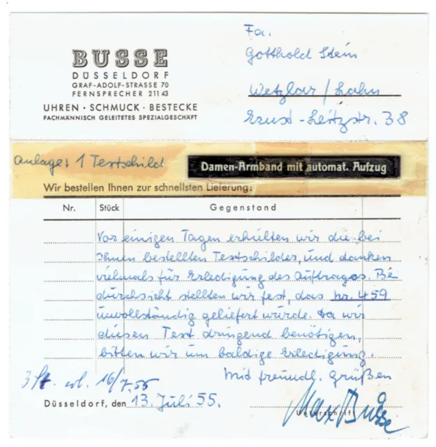 Geschäftskorrespondenz Karte Schmuckgeschäft Busse D’Dorf 1955 Notopfer Berlin 3