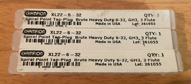 3 pcs Champion XL22-6-32 Spiral Point Hand Tap-Plug 3 Flutes NEW