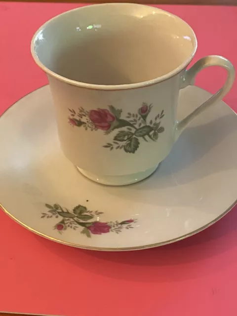 Tea Cup and Saucer Pink Roses Gold Trim