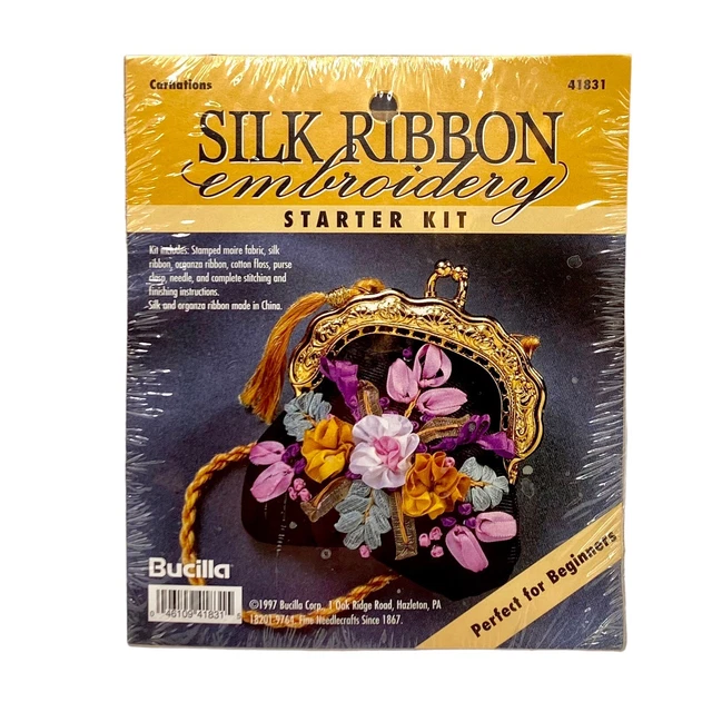 Kit de bordado de cinta de seda bolso de monedas bucilla claveles florales 41831 principiantes