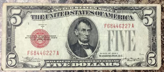 1928 $5 Red Seal Bill Abe Lincoln Dollars Certificate Five Dollar Money FREE SHP