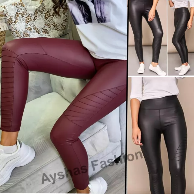 Women Ladies High Waist Skinny Leggings Faux Wet Look Biker Pants Trouser