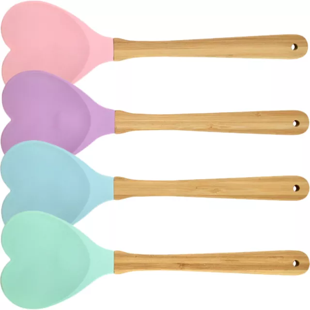 4Pcs Heart Shaped Silicone Spatula with Wooden Handle for Baking and Cooking