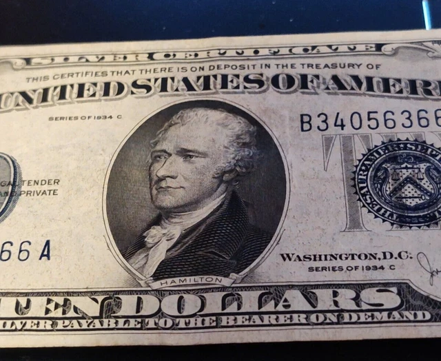1934 C Ten Dollars Silver Certificate B34056366A Blue Seal $10 3