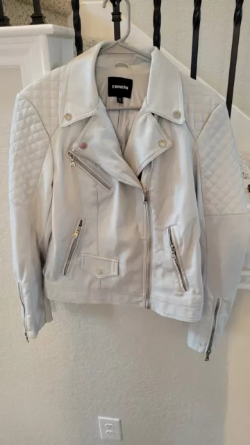 WOMENS EXPRESS IVORY White Quilted Leather Moto Jacket SIZE MED /retail ...