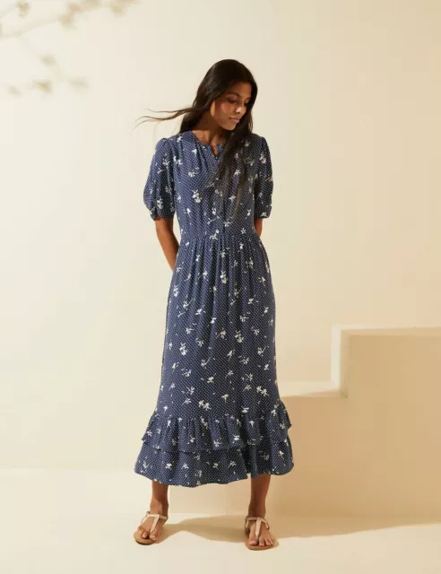 * BNWT M&S X GHOST Navy Daisy Floral Ruffle Hem Midi Tea Dress UK 10      (ST93)