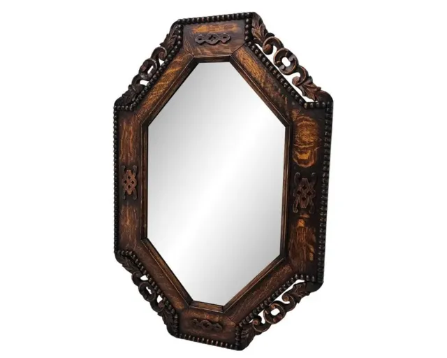 Antique Victorian Jacobean Style Mirror Hand Carved Flame Oak Bead Gothic 32" H