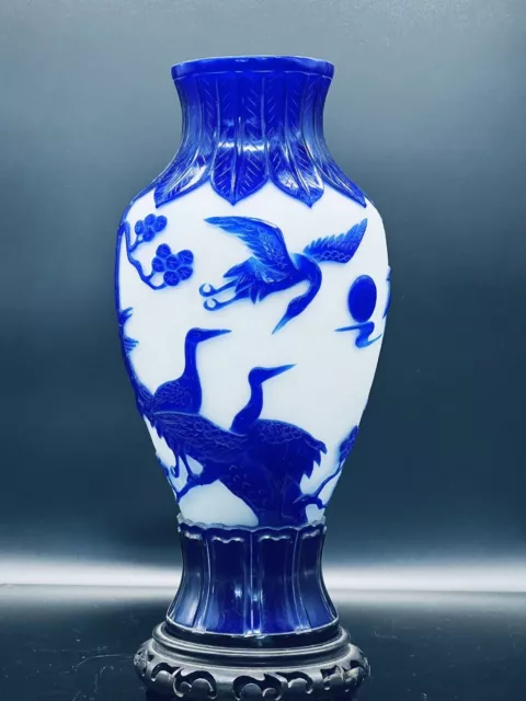 1157Vintage Chinese Peking Glass blue & White Carved Overlay Vase 12” 3