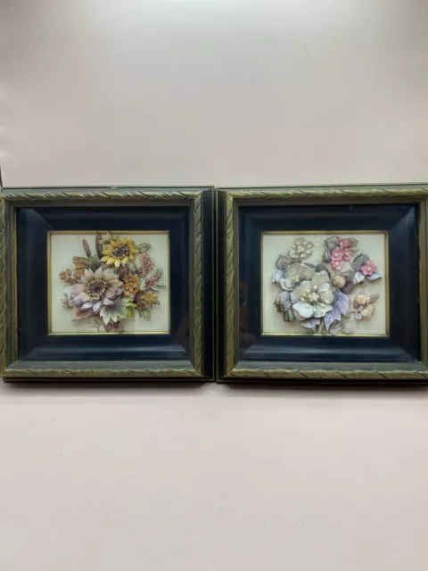 PAIR of Vintage Paper Tole 3D Floral Bouquet in Beautiful Shadowbox Frame Signed