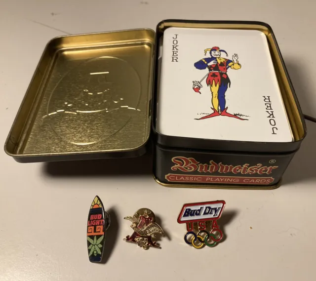 Anheuser-Bush Budweiser Classic Playing Cards w/ Tin & 3 Collectible Pins