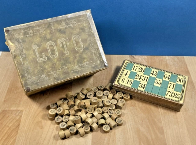 TRÈS ANCIEN COFFRET bois boite Jeu de LOTO jetons bois cartes carton vintage 50' EUR 29,90