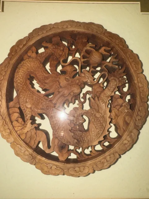 Handmade Dragon Teak Wood Carving Artwork Asian Framed In A Shadowbox Exquisite 2