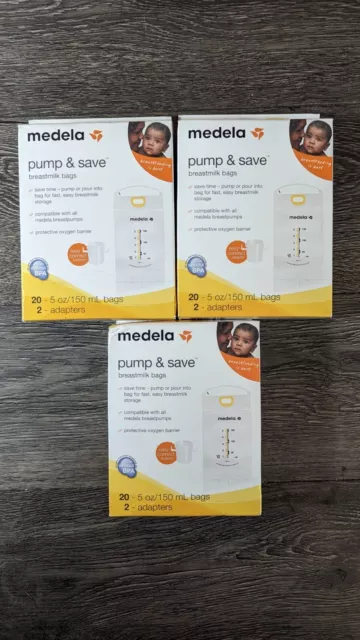 NEW Medela Breast Milk Storage Bags Pump & Save 60 count 5oz--6 Adapters