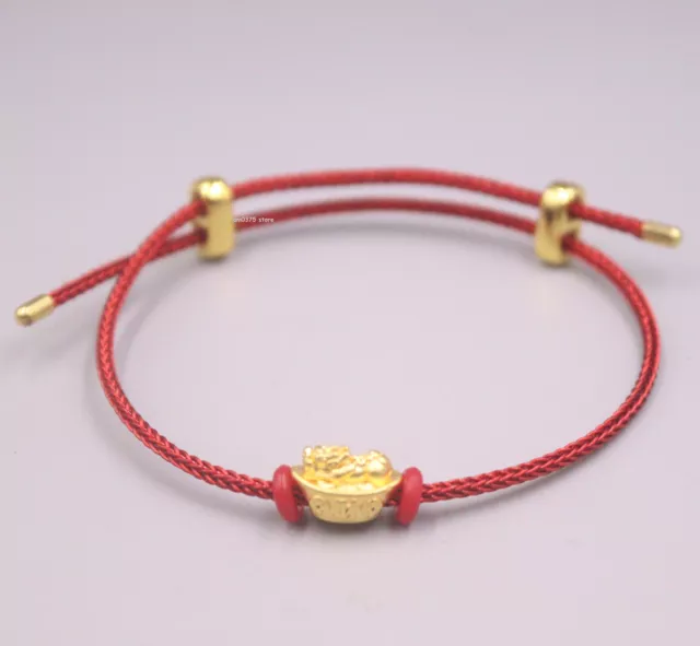 Real 24k Yellow Gold Bracelet For Women 3D Pixiu Ingots Red String Bracelet 7inL