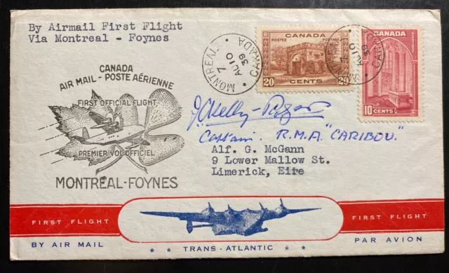 1939 Montreal Canada First Transatlantic Flight Cover To Limerick Ireland Signed