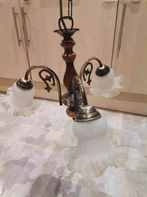 VTG Brass Chandelier 3 Arm Frosted Tulip Glass Wooden Ornate Hanging Light Lamp