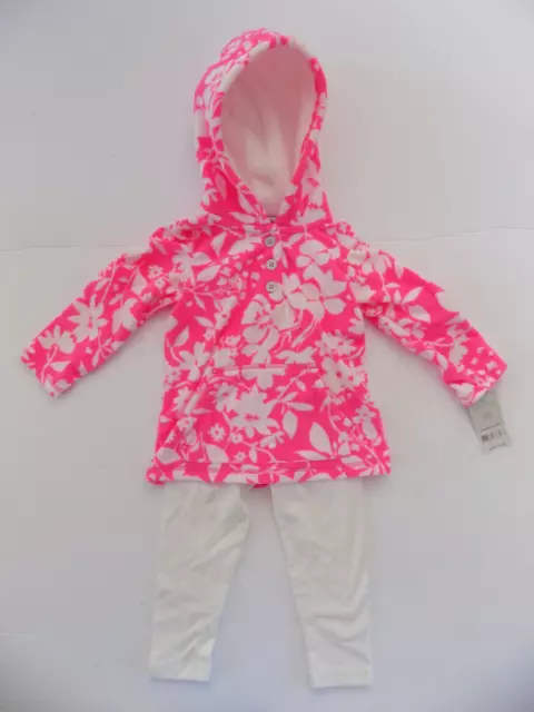 NEW Carters Girls 2 Pc Pink White Fleece Outfit Hooded Top & Leggings Set 18 Mon