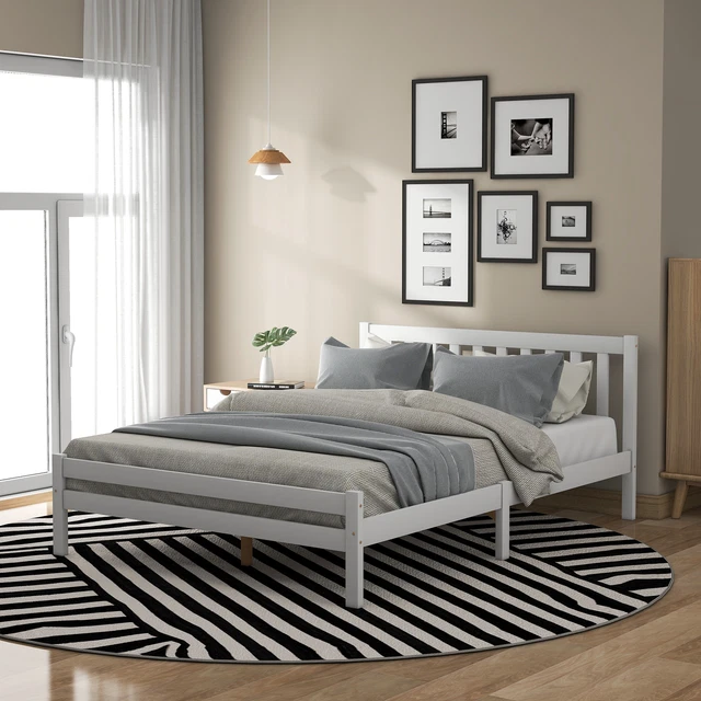 SOLID WOODEN BED Frame White Grey 3ft Single 4ft6 Double Size Bed With