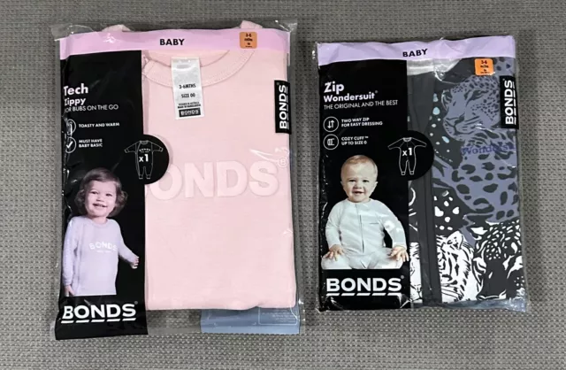 2x BRAND NEW BONDS Zippy Wondersuits 3-6 months sz 00 Pink, Tigers