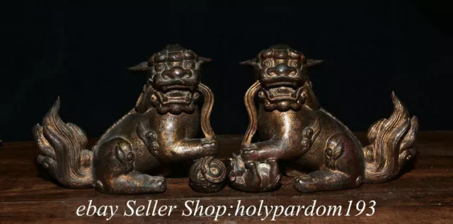 8" Old Chinese Bronze Gilt Fengshui Foo Fu Lion Dog Statue Pair