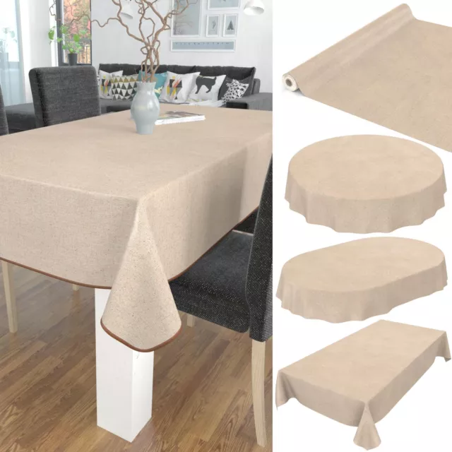 Tischdecke Stoff Tischdecken Eckig Rund Oval Abwaschbar Leinenoptik Vinyl Beige