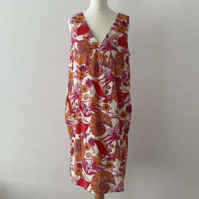 Next linen dress size 12 pink orange floral flowers retro summer sleeveless