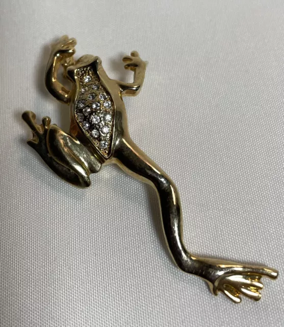 Vintage Gold-Tone Climbing Frog Lapel Pin Brooch With Rheinstones 2.5”