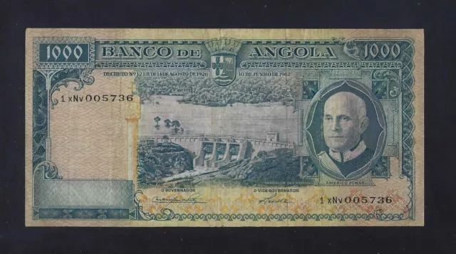 Portugal Angola 1000 Escudos 1962 P-96 rare date , note similar to P-98