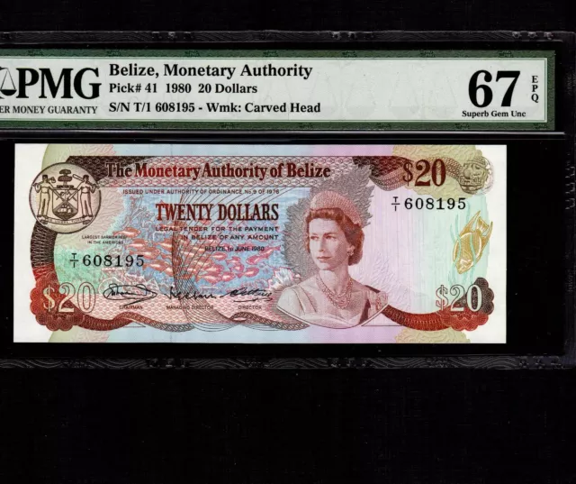 Belize 20 Dollars 1980 P-41 * PMG Superb Gem Unc 67 EPQ * Queen Elizabeth *
