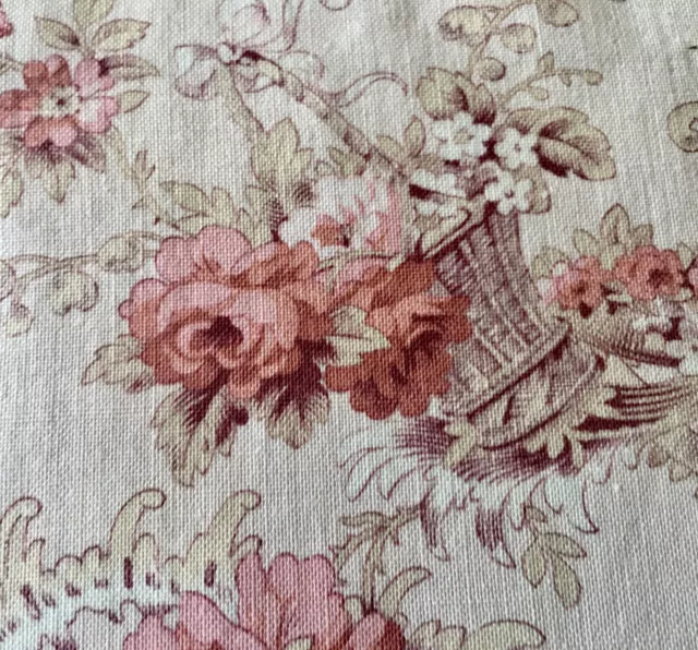 Antique French Floral Roses Basket Musical Instrument Cotton Fabric ~ Apricot