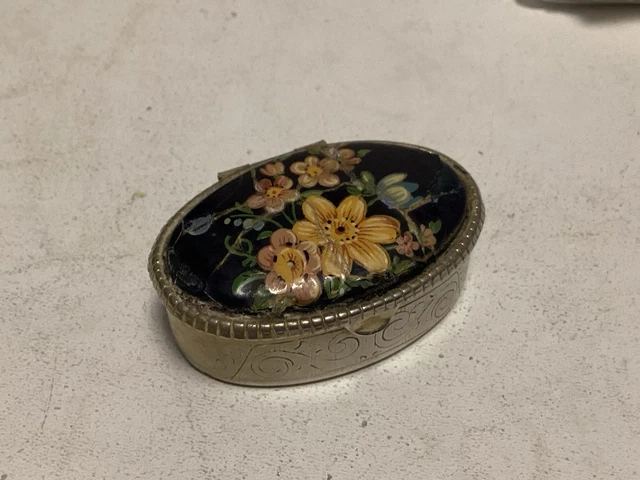 Petite Boîte à Bibelots Ronde En Métal émaillé - Motif Papillon Et Fleurs - Vintage