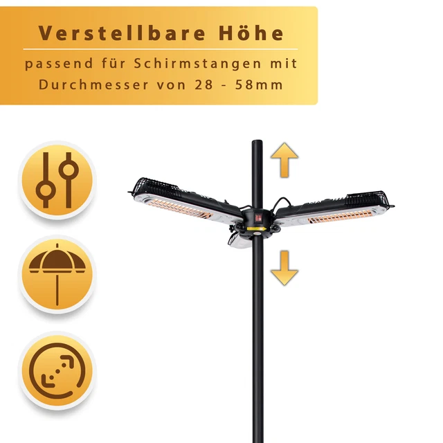 Heizstrahler Terrassenheizung Hellstrahler Infrarotstrahler Sonnenschirm 2000W 2