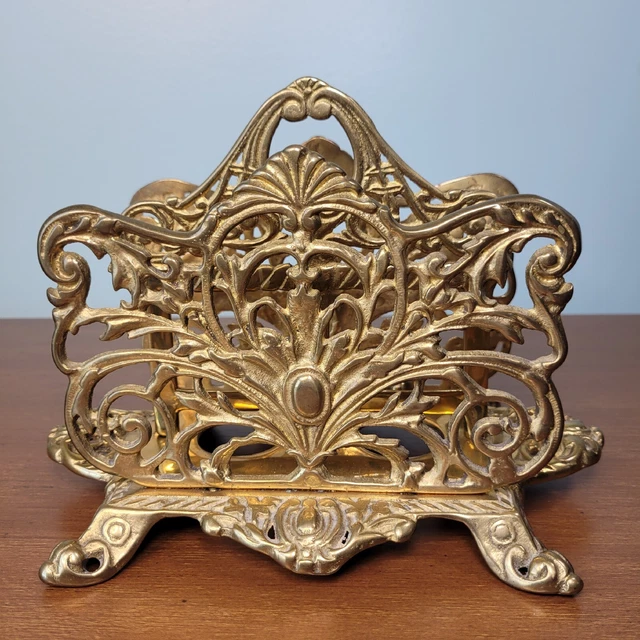 Vintage Heavy Brass Ornate Art Nouveau  Letter / Napkin Holder Footed