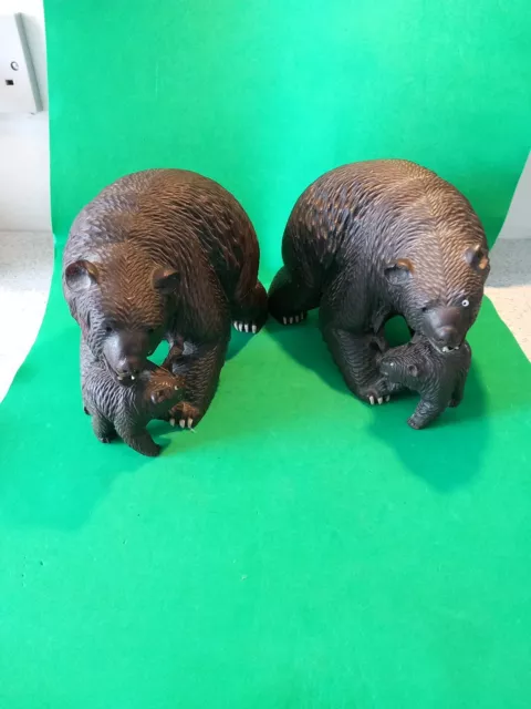 Pair Of Black Forest Giant Grizzly Bears With Cubs Hand Carved. Signed On Feet