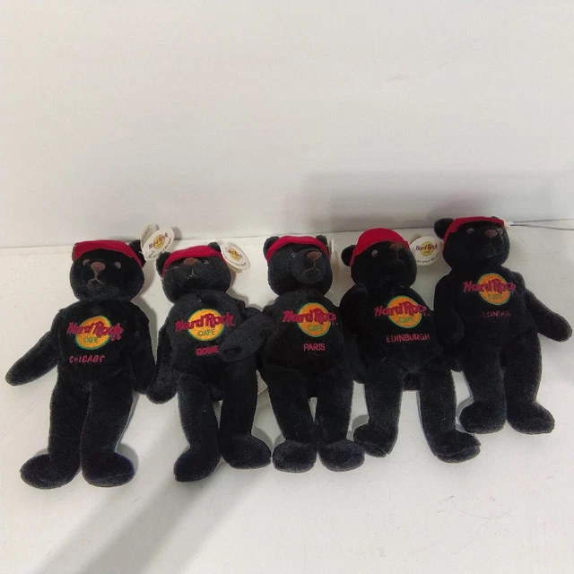 5 Lot-Hard Rock Cafe Beanie Charlie Bear Chicago, London, Paris, Edinburgh, Rome