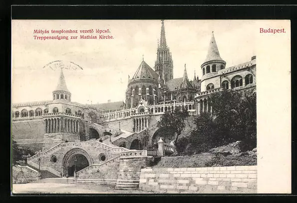 Budapest, Treppenaufgang zur Mathias Kirche, Ansichtskarte 1907