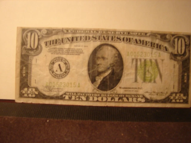 1934 $10 Federal Reserve Note LIME GREEN SEAL & SERIAL #   🌟VERY NICE🌟 2