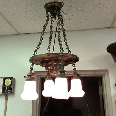 Vintage Brass Pan Ceiling Fixture With 4 Shades From 1920’s To 1930’s