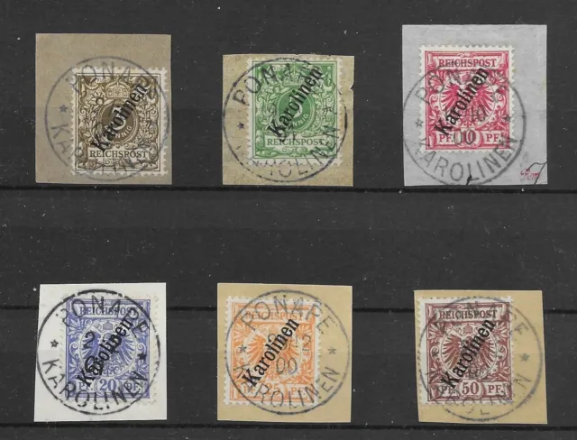 Karolinen 1900, Mi 1-6 II sauberen Rundstempel Ponape auf Briefstücke