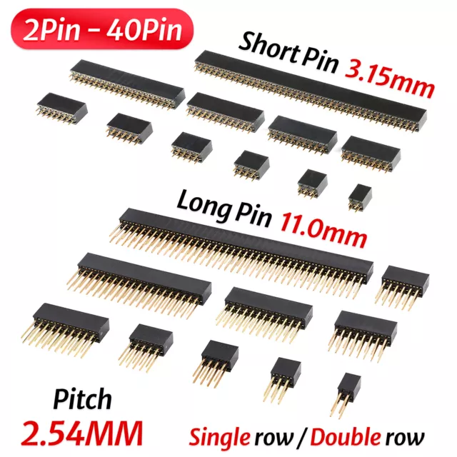 2.54mm 0.1" PCB Header Vertical Female Socket Connector, Single / Double Row Pin