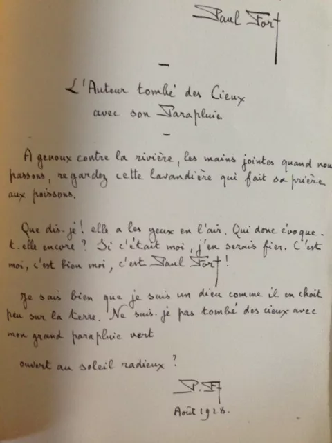 Paul FORT : Le Rire français ;Bernouard 1928/dédicace et poeme Original (signé)