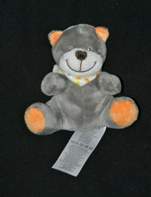 Peluche doudou ours chat ERGEE gris orange blanc bandana pois 13 cm assis NEUF