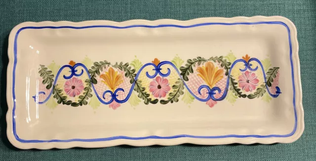 Vintage Hand Painted Mexican Cuernavaca Ceramic Pottery Floral Tray Platter 6x14