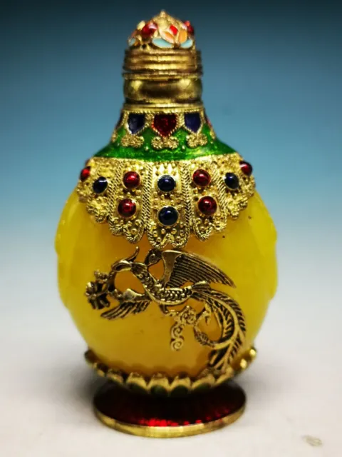 Amazing Old Tibetan Silver Cloisonne Bead Bronze Inlaid Beeswax Snuff Bottle Y52