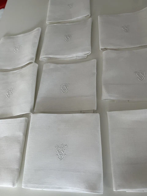 Antiguo De Sustancias Colada Antiguo,10 Servilletas Hilo Lino ,Monograma PV SL17