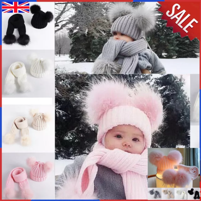 Toddler Knitted Beanie Cap Scarf Set Kids Baby Boy Girl Winter Pom Bobble Hat-UK