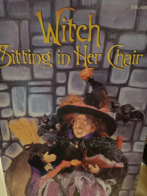 Halloween Witch Sitting in Her Chair Shelf Bats Pumpkins Black Cat Spell Book