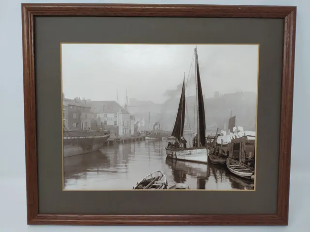 OLD BLACK & WHITE PHOTOGRAPH WHITBY HARBOUR to RUINS & CHURCH FRAMED