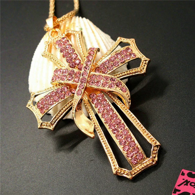 Pink Rhinestone Cross Bling Crystal Pendant Betsey Johnson Necklace 2