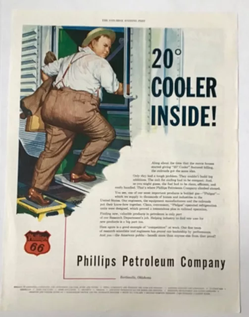 1948 magazine ad for Phillips 66 - 20 degrees cooler, Train cars now cooled